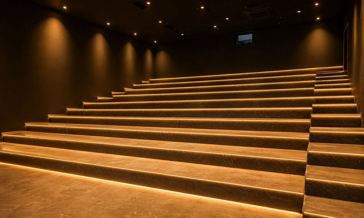 Cinema auditorium structure with LED-lit steps